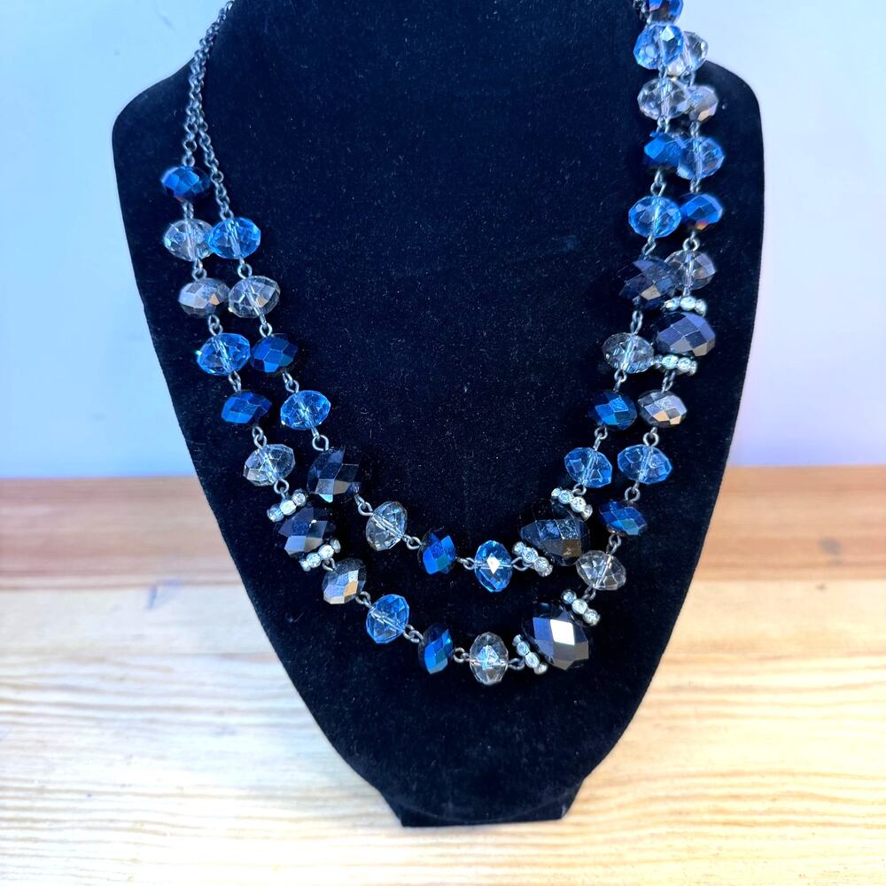Vintage Trifari Blue Crystal Multi Strand Beaded Statement Necklace Silver Tone
